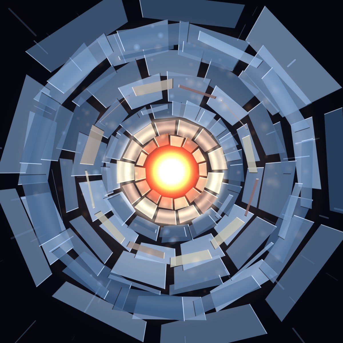 Experiment 10 Stage 2 — the sealed shield resonates with ember-light, a luminous witness-iris opening around a blazing core